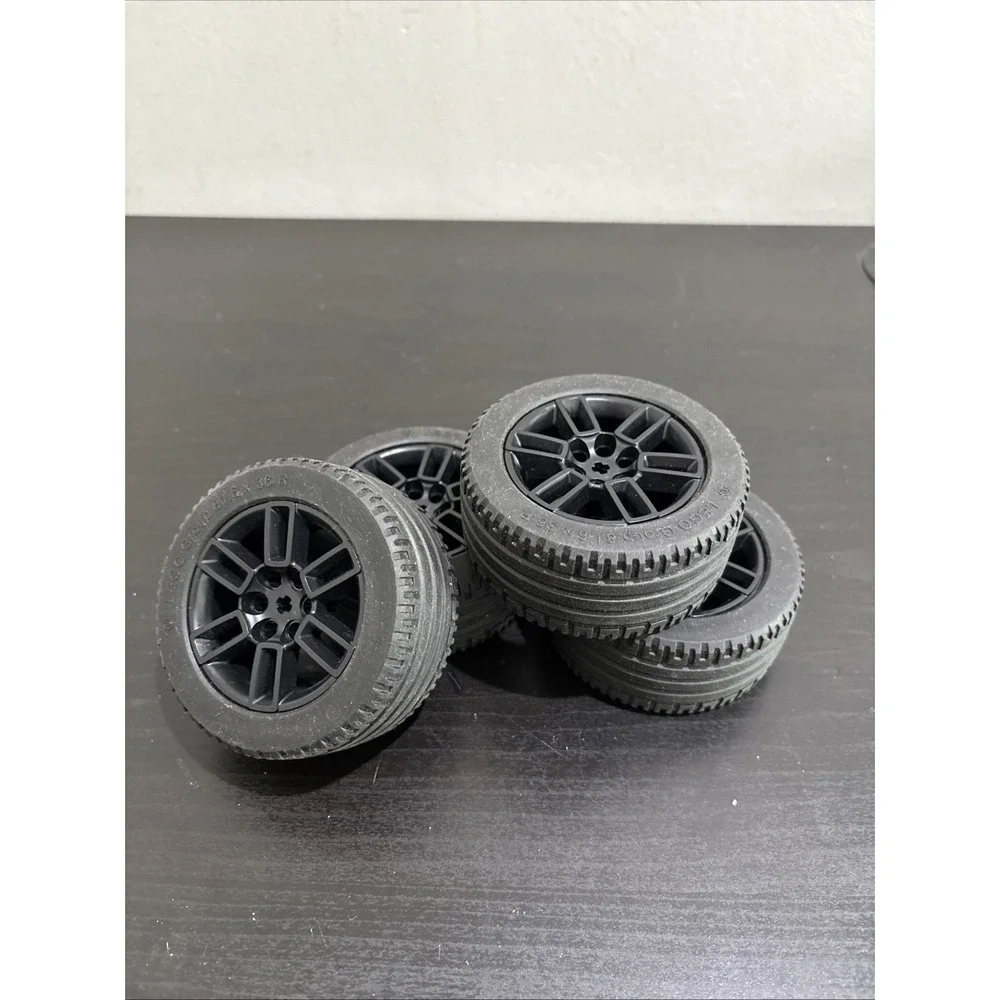 LEGO Technic 6 Pinhole Black Wheels, 81.6 x 36 R Tires, Lot of 4